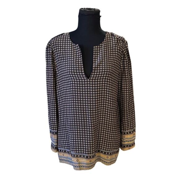 Joie Black and Tan Geometric Print Silk Split Neck Long Sleeve Blouse Size M - Picture 1 of 8
